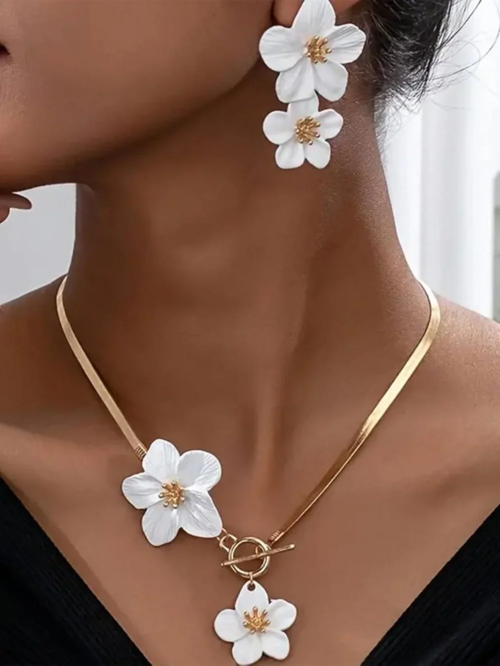 Flower Jewelry Set for Women Gold Necklaces Earrings Statement Summer Beach Vaca_2